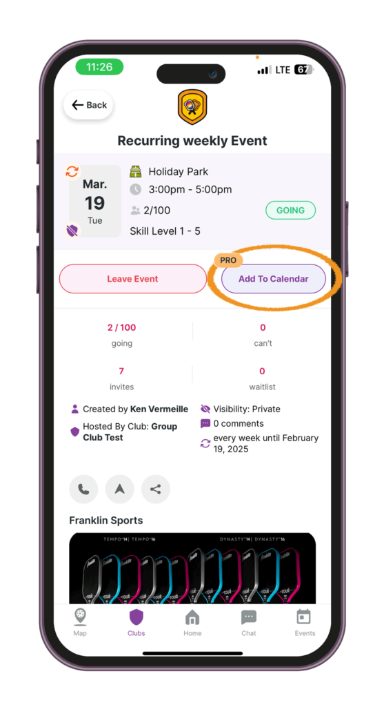 PicklePlay App Sync events with your phone calendar