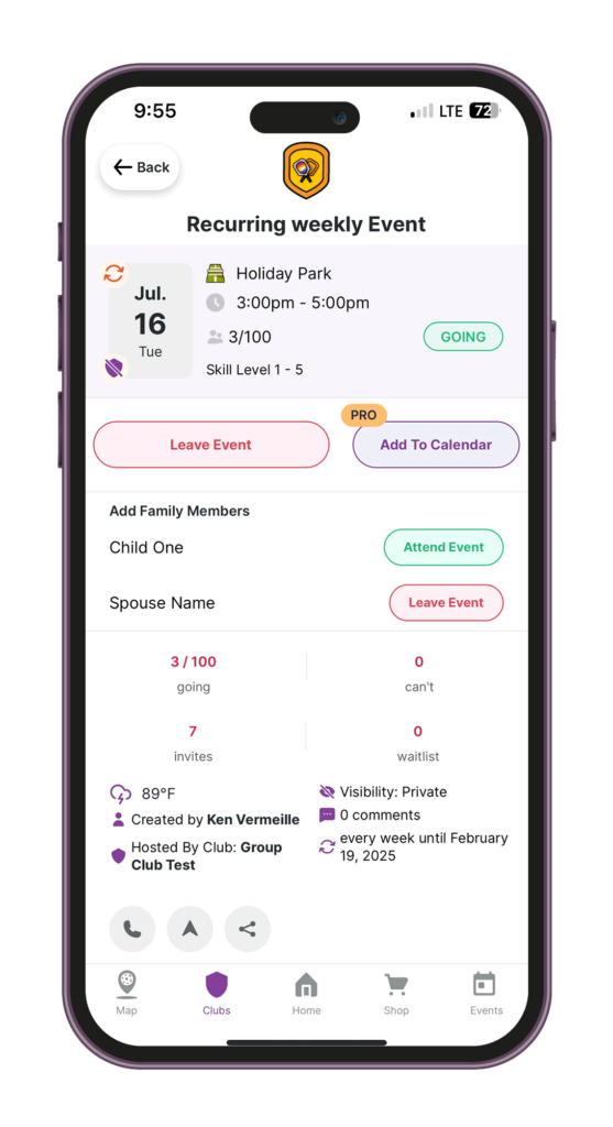 PicklePlay app - Add to Calendar Pro feature